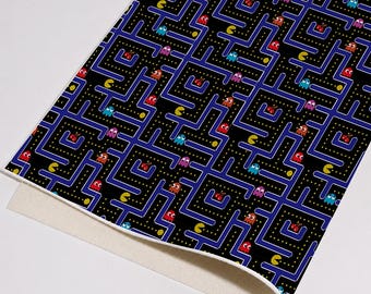 Pac-Man Retro Arcade Printed Faux Leather Sheet, PU Synthetic Fabric for Hair Bows, Earrings, Keychains Hand-Craft Supplies