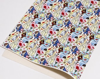 Beauty and the Beast Printed Faux Leather Sheet, PU Synthetic Fabric for Hair Bows, Earrings, Keychains Hand‑Craft Supplies