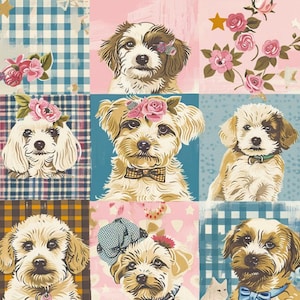Könnte beinhalten: Ein Stoff mit Gittermuster, der Illustrationen von kleinen, flauschigen Hunden in verschiedenen Posen zeigt. Die Hunde sind mit Accessoires wie Blumen, Fliegen und Hüten dargestellt, vor Hintergründen in blauem Vichy-Muster, Rosa und braunem Karo.