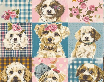 Sweet Puppy Patchwork Faux Leather Sheet, Dog Floral PU Leather, Craft Material for Bows, Earrings, Key Fobs & Small Handmade Crafts