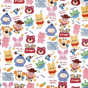 May include: White fabric featuring a repeating pattern of cartoon characters from "Winnie the Pooh" and "Toy Story." The design includes characters like Pooh, Piglet, Eeyore, Woody, and aliens, along with text elements like "Toy Story" and "Winnie the Pooh."