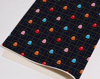 Pixel Ghost Pac-Man Faux Leather Sheet, Printed Synthetic Material for Handmade Earrings, Pouches, Small Bag Crafts