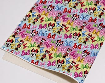 Minnie Mouse Bow Printed Faux Leather Sheet, PU Synthetic Fabric for Hair Bows, Earrings, Keychains Hand‑Craft Supplies