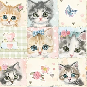 Peut inclure: Un motif répétitif illustrant des chatons aux grands yeux, certains portant des ornements floraux roses ou bleus et des nœuds. Le fond se compose de divers carrés aux couleurs pastel douces, de petits cœurs et d'un papillon bleu.
