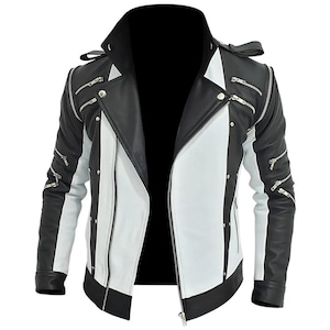 Michael Jackson Pepsi Jacket - Men's Thriller Black White Leather Biker Jacket, Detachable Sleeves Retro Costume Coat