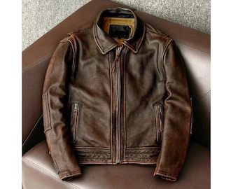 Men's Vintage Cafe Racer Leather Jacket - Distressed Brown Motorcycle Jacket - Handmade Real Leather Outerwear