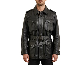 Men's Black Real Leather Military Safari Jacket | Belted field coat