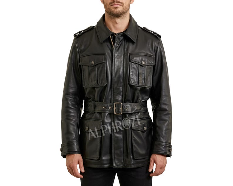 May include: Black leather jacket with a belted waist, multiple front pockets, and shoulder epaulets. The jacket has a collared neckline and a zipper closure. The brand name "ALPHROZE" is visible on the lower part of the jacket.