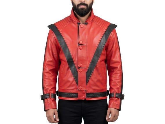 Michael Jackson Thriller Jacket - MJ Red Leather Jacket for Men, 80s Pop Star Costume Jacket, Halloween Cosplay Gift