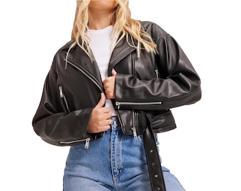 Oversized Cropped Leather Jacket - Women’s Black Sheepskin Biker Jacket, Butter Soft Real Leather Fashion Coat