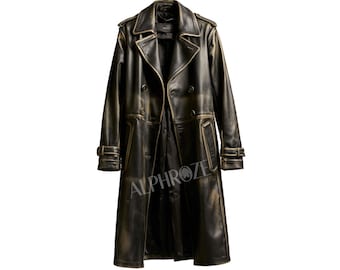 Men’s Double-Breasted Long Black Leather Trench Coat – Classic Military Style Coat