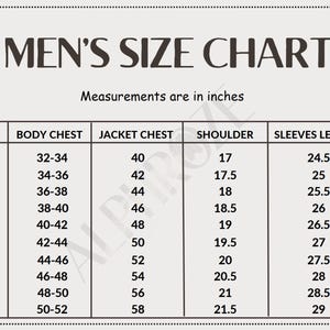 May include: A beige size chart for jackets, with measurements in inches. The chart includes sizes from 2XS to 5XL, detailing body chest, jacket chest, shoulder width, and sleeve length. The text "MEN'S SIZE CHART" is at the top.