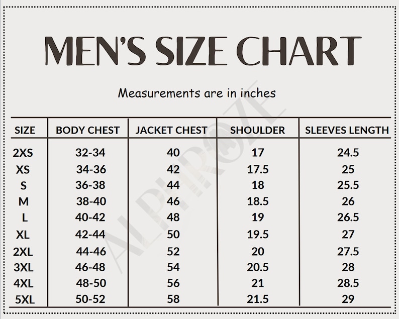 May include: A beige size chart for jackets, with measurements in inches. The chart includes sizes from 2XS to 5XL, detailing body chest, jacket chest, shoulder width, and sleeve length. The text "MEN'S SIZE CHART" is at the top.