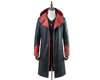 DMC Dante Cosplay Leather Coat – Devil May Cry Reboot Long Hooded Trench Coat for Men Gaming Costume