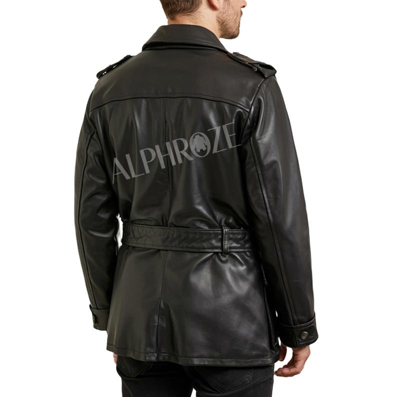 May include: Black leather jacket with a belted waist, epaulets, and a classic collar. The jacket has a button closure and a tailored fit. The brand name "ALPHROZE" is embossed on the back. A stylish outerwear piece.