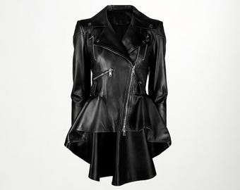 Women's Peplum Leather Jacket - Black Lambskin Biker Blazer Coat, Fitted Moto Jacket, Elegant Casual Fashion Outerwear