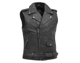 Men’s Black Leather Biker Vest - Sleeveless Motorcycle Riding Vest, Classic Moto Leather Jacket for Riders