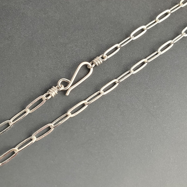 Sterling Silver Flat Drawn Paper Clip Necklace Chain, Handmade Closures, 3mm x 9mm Soldered Links, Medium to Heavy Pendants, Choose Length