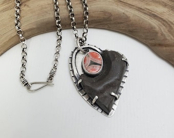 Handmade Thomsonite and Beach Stone Pendant Necklace, Rustic Heart Necklace