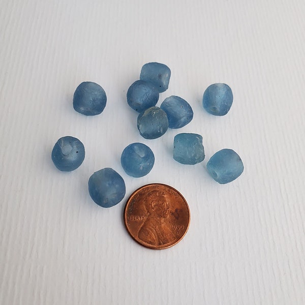 Blue Gray African Beads, Recycled Glass Beads, Ghana Beads, Rustic Bead, 9mm to 10mm - 10 Beads