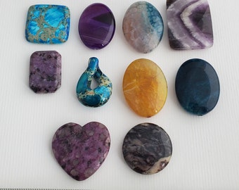 Stone Glass Pendants, Wire Wrapping Supplies, Oval, Heart, Rectangle Pendants - Lot of 10 Pieces