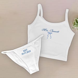 Custom Embroidered Mrs. Pajama Set – Tank, Panties & Joggers for Bride, Bride Bikini Bottom, Mrs. Set, honeymoon outfit, Panties for Bride