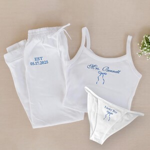 Custom Embroidered Mrs. Pajama Set–Tank, Shorts & Joggers for Bride,Honeymoon outfit, Mrs. Set, Panties with Embroidered Detailing for Bride