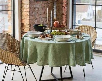 Round Linen Tablecloth - 160gsm, Washed Linen, 72 Solid Colors & 12 Stripes, 7 Sizes, Custom Orders Available