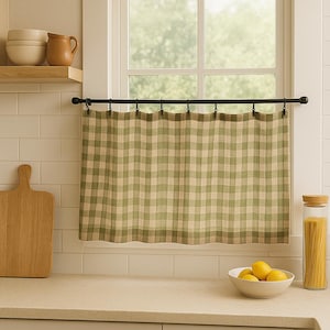 Linen Cafe Curtain – Green or Gray Check | 100% Linen 130gsm | Kitchen Curtain, Valance, Farmhouse Style