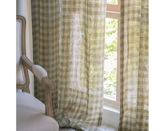 Green Linen Drapery l Green sheer curtains l Natural Linen Panel | 53 Inches Wide |Grommet, Rod Pocket Linen, Tie Top | Linen Shower Curtain