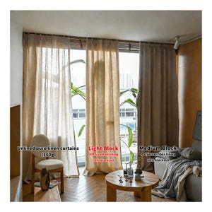 May include: Beige linen curtains hang in front of a window, with text indicating different levels of light blocking. The curtains are labeled as unlined, light block with 70% blackout, and medium block with 80% blackout. A chair and table are in front of the window.
