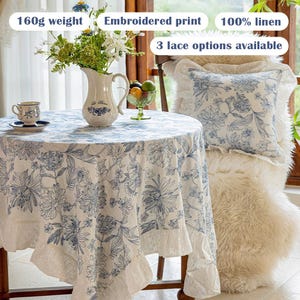 Round Linen Tablecloth – Pure Linen Embroidered, Linen Elegance, Rough Tablecloth, Eco Tablecloth, 3 Edge Lengths
