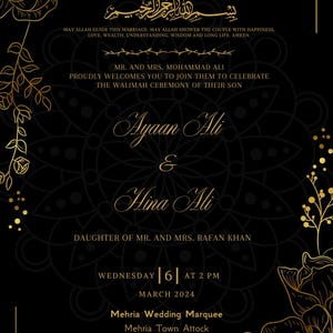 Elegante Walimah Einladung | Islamische Hochzeit einladen | Schwarz & Gold Blumenmuster | 5x7 "Digitaler Download Vorlage | Muslimische Ehekarte
