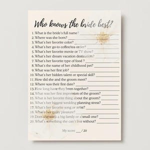 Who Knows the Bride Best Game – Printable Bridal Shower Game – Bachelorette Party Game – Instant Download Wedding Shower Activity