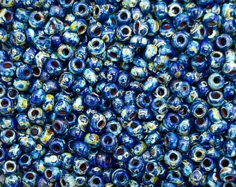 Japanese Glass Seed Beads Size 8/0-4518 Opaque Picasso Cobalt