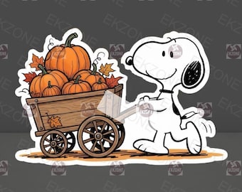 Snooop Pumpkin Wagon Sticker | Peanuts Fall Harvest Decal | Autumn Leaves Art | Cute Dog Vinyl | Halloween Decor Gift | Nostalgic Farmhouse