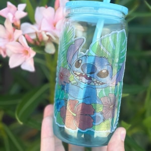 Stitch Cup | Stitch Glass Tumbler | Lilo & Stitch Iced Coffee Cup | Disney Fan Gift | Cute Stitch Gift | Glass Can Gift | 16oz Reusable Cup