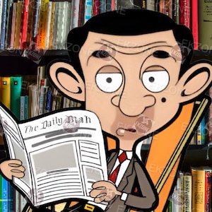 May include: Cartoon character Mr. Bean reading a newspaper titled "The Daily Blah" in front of a bookshelf filled with books. He wears a suit and tie. The background is a library.