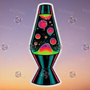 May include: A sticker featuring a retro lava lamp design. The lamp has a black body with colorful, swirling liquid in shades of red, pink, orange, and green. The base and top are striped with teal, black, and red. The sticker has the text "EKZONE" repeated around the edges.