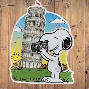 Snoopy Woodstock Pisa Sticker - Peanuts Leaning Tower Decal - Cartoon Dog - Bird Italy Sticker - Europe Travel Souvenir Sticker - Snoopy
