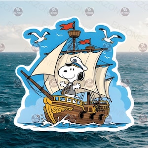 Snoopy On Sail Ship Sticker | Peanuts Sailing Captain Decal | Nautical Adventure Art | Classic Cartoon Vinyl | Ocean  Gift | Captain Snoopy