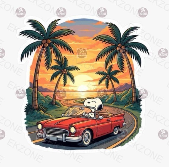 Snooop Driving Car Sunset Sticker | Peanuts Road Trip Decal