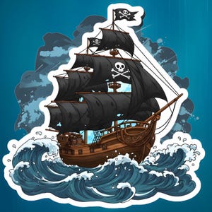 Adesivo de navio pirata - Adesivo de navio pirata de desenho animado - Adesivo de aventura de tempestade no oceano - Caveira e ossos cruzados - Adesivo para laptop - Adesivo de garrafa de água