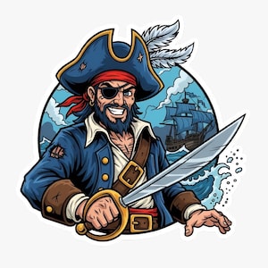 Pegatina de pirata aventurero / Calcomanía de capitán bucanero / Arte de barco de aventuras / Vinilo náutico / Regalo para fanáticos de los piratas / Espada con parche en el ojo