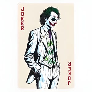 Adesivo de carta de baralho do Coringa | Adesivo de vilão da DC Comics | Arte de fã do Batman | Vinil do Príncipe Palhaço do Cavaleiro das Trevas | Design de carta de pôquer | Cultura pop
