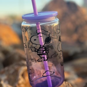 Snoopy Glass Tumbler with Lid & Straw | Peanuts Character Iced Coffee Tumbler | Cute Cartoon Dog Drinkware | Purple Ombre Glass | Gift for