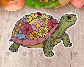 Pegatina de tortuga floral / Calcomanía de vinilo con forma de concha de flor estilo cottagecore