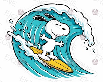 Snooop Surfing Sticker | Peanuts Ocean Wave Decal | Beach Vibe Art | Summer Sports Cartoon Vinyl | Surf Lover