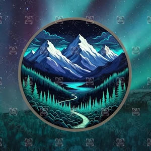 Puede incluir: Ilustración circular de un paisaje montañoso con picos nevados, un camino sinuoso y un lago. La obra de arte presenta una paleta de colores de azules, verdes y blancos, sobre un cielo estrellado. La imagen está enmarcada por un borde marrón oscuro.
