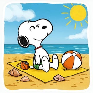 Snoopy Peanuts Beach Day Sticker - Cute Cartoon Dog Relaxing Decal - Summer Fun Sticker - Snoopy at the Beach Sticker - Peanuts Relaxing